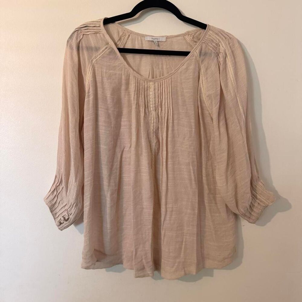 Mystree Boho Pleated Peasant Blouse | Beige Lace Trim 3/4 Sleeve - Size M